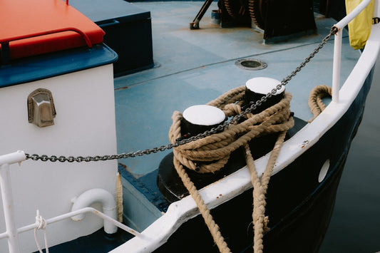 a boat with a rope and a fish in it